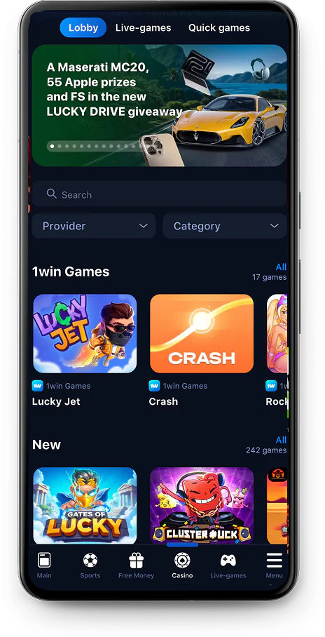 Screenshot of the casino section in the 1Win application