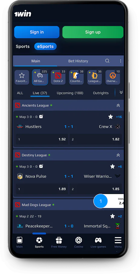 Screenshot of the 1Win app's eSports page