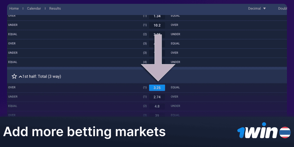 Add additional betting markets to your 1Win bet slip.